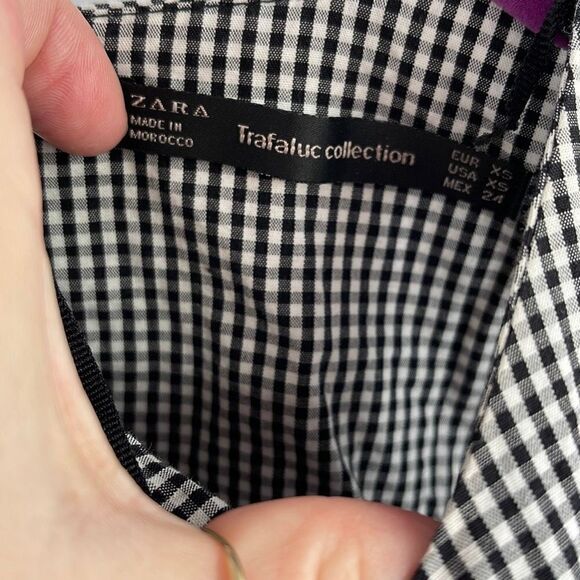 Zara Women's Shift Dress Shift Dress Ruffled Trim Mini Black White Check Size XS - Picture 3 of 10